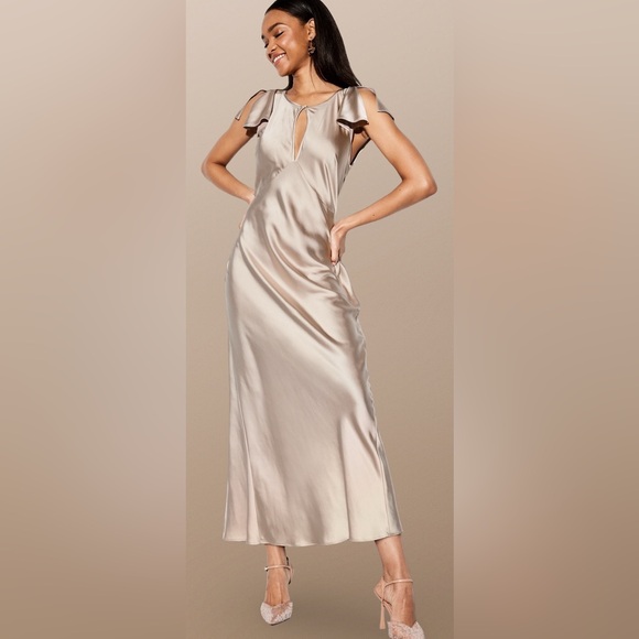 NWT🌹THE OCCASION L🌹ELITE LINE CHAMPAGNE SATIN FLUTTER SLEEVE FITTED MIDI MAXI - Picture 5 of 16
